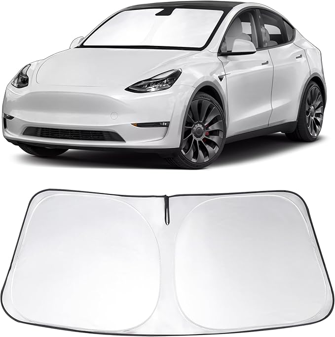 Windshield Sun Shade Custom Fit 2025 2026 Model Y Juniper/2024 Model 3 Highland /2017-2025 2026 TES-la Model Y Model 3 Accessories Foldable Front Window Sunshade Keeps Car Cool