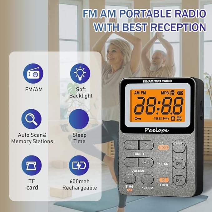 Portable Radio AM FM, Rechargeable Pocket Speaker with Best Reception Digital Tuning, MP3, Stereo Earphone, Large LCD Screen, TF Card Socket, Transistor Radio for Jogging/Gym/Camping (Grey)