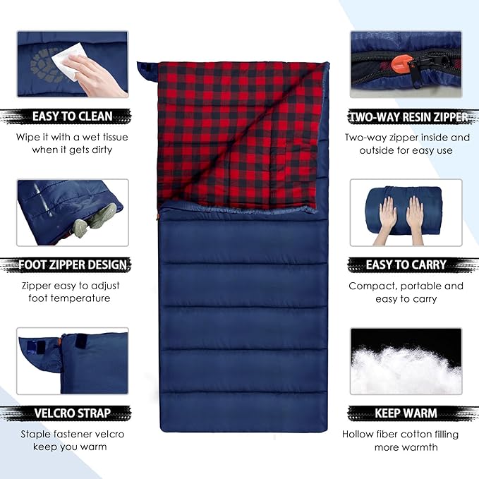 Keencamp 0 Degree Sleeping Bag Cotton Flannel Winter Cold Weather for Adults XXL Sleeping Bag 4 Season Big and Tall with Pillow Compression Sack