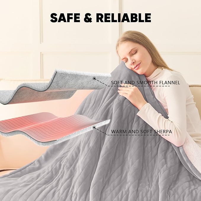 greenoak Heated Blanket Electric Twin 62"X84", Heating Blanket with 10 Heat Levels 1/2/4/6/8 Hours Auto-Off, Fleece Soft Christmas Blanket,Gifts for Grandma Seniors Mom,Misty Grey