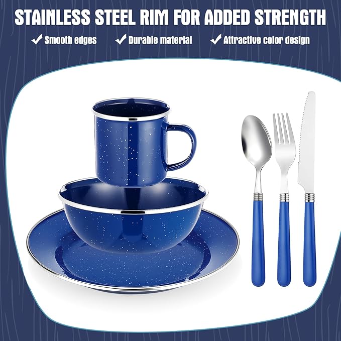 LemonRoad 9 Pcs Camping Enamel Plates Cups and Bowls Set Camping Mess Kit, Enamel Bowl Mug Plate Knife Fork Dishwashing Sponge Utensil Bags Storage Straps Lightweight Tableware for Backpacking Hiking