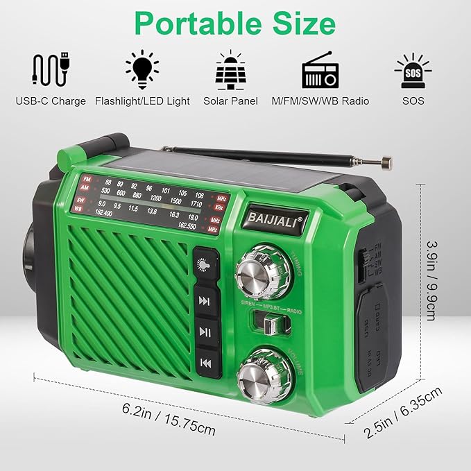 Hand Crank Emergency Weather Radio with 2600mAh/9620mWh Power Bank, NOAA AM FM Shortwave Portable Radio, Solar & USB-C Charging, Flashlight, SOS Alarm for Emergency Kits (Green)
