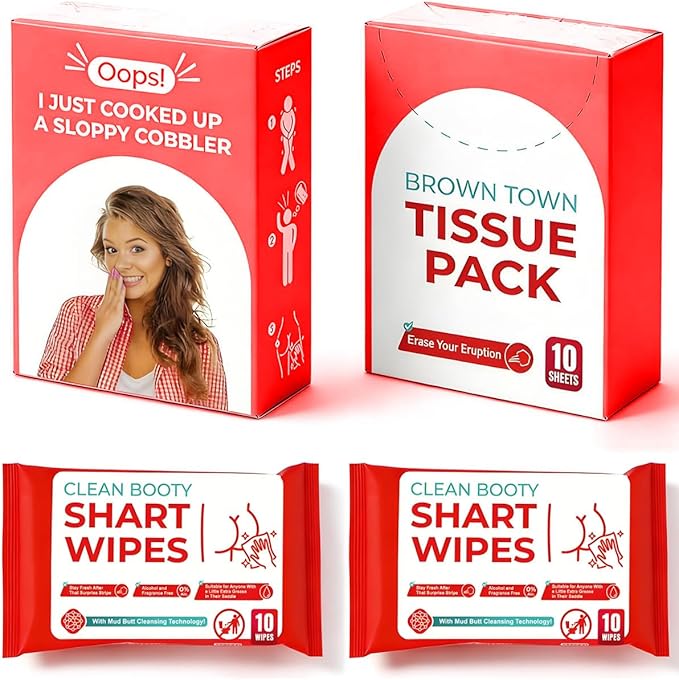 Funny Sharting Survival Set - Gag Gifts for Men, Boyfriend, Husband Birthday - Emergency Potty Humor Prank Gift Includes 2pcs Wet Wipes & 2pcs Toilet Paper - Hilarious Fart Novelty Gift for Adults