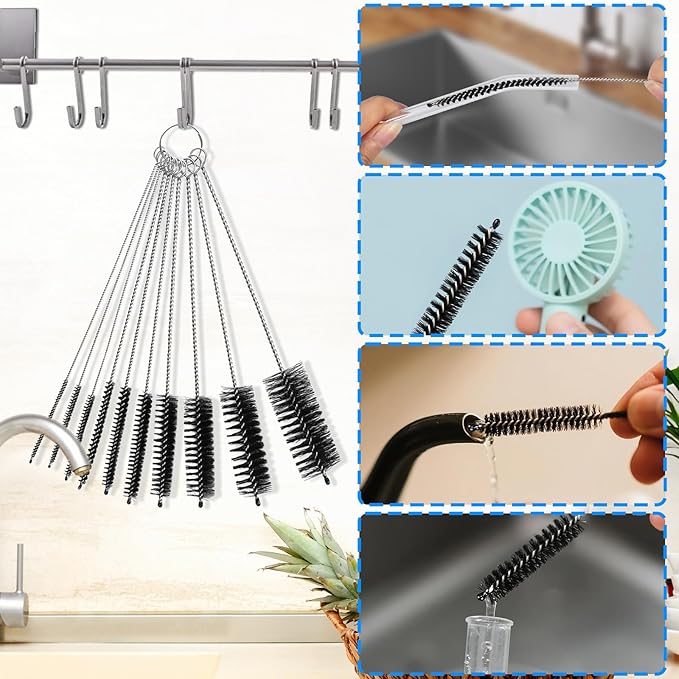 Ixiaoyoo Cleaning Brushes Set, 10 Pieces 8 Inch Nylon Tube Brush + 60 Inch Flexible Long Drain Brush, Hose Pipe Brush, Suitable for Home Kitchen, Bathroom, Fish Tank, Water Pump Accessories (Black)