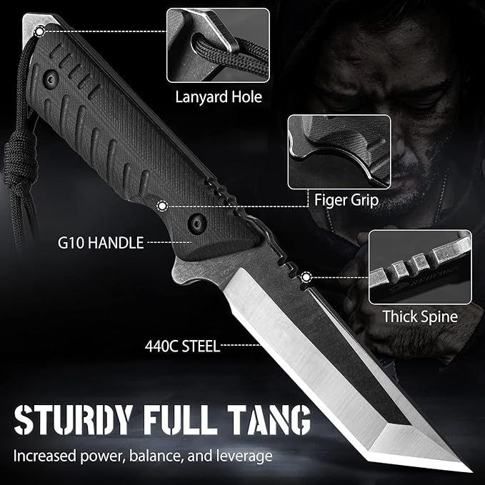 NedFoss Tactical Survival Knife with Fire Starter, Kydex Sheath, 440C Steel Blade, G10 Handle - Camping Gift for Men