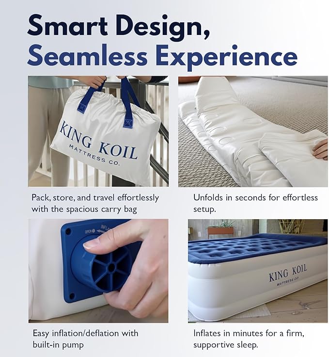 King Koil Luxury Pillow Top Plush Queen Air Mattress with Built-in High-Speed Pump Best for Home, Camping, Guests, Queen Size Double Airbed Adjustable Blow Up Mattress, Waterproof, 1-Year Warranty