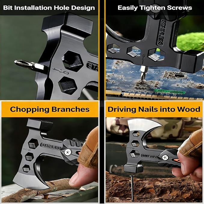 18-in-1 Multitool Hatchet Camping Axe with Hammer & Knife with Protective Sheath, Survival Gear for Men Dad, Emergency Car Tool & Hiking Accessories, Cool Gadgets for Outdoor Hiking Emergency