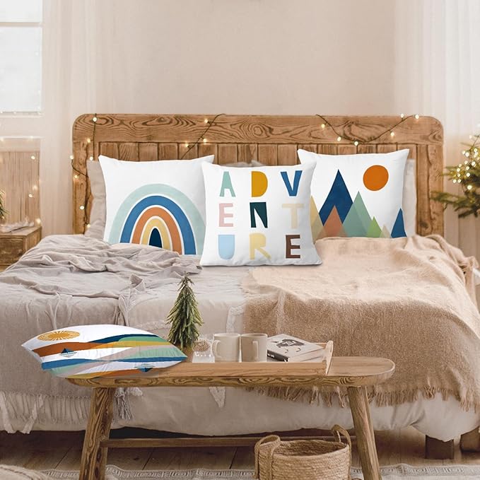 SPBL&L Boho Kids Decorative Pillow Covers 18x18, Adventure Nursery Decor, Boho Rainbow Sun Mountain Nursery Throw Pillow Covers for Kids Room Classroom Playroom, Camping Classroom Decor, Set of 4