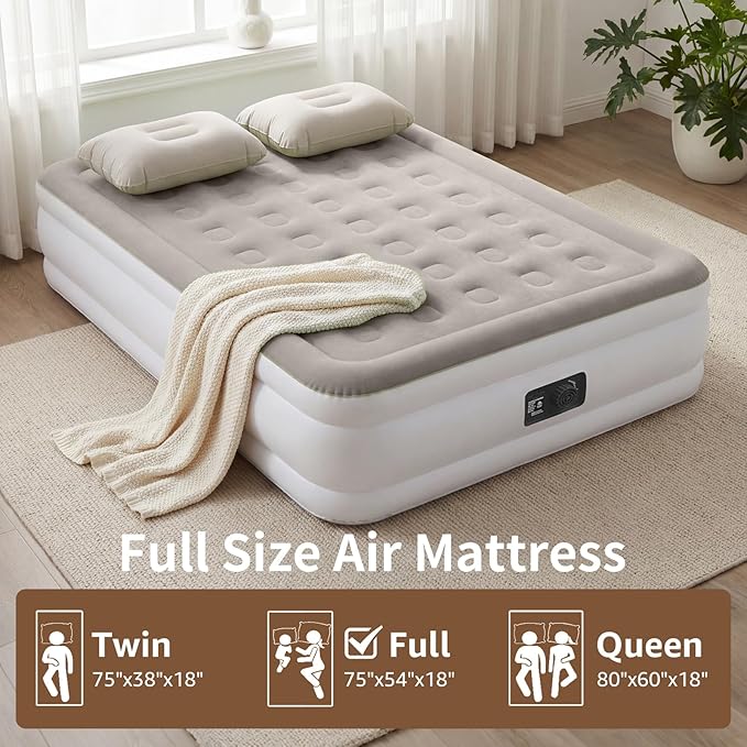 YENING Full Size Air Mattress with Built in Pump Raised Double Blow up Bed Inflatable Camping Airbed Electric 18 Inch Tall Grey
