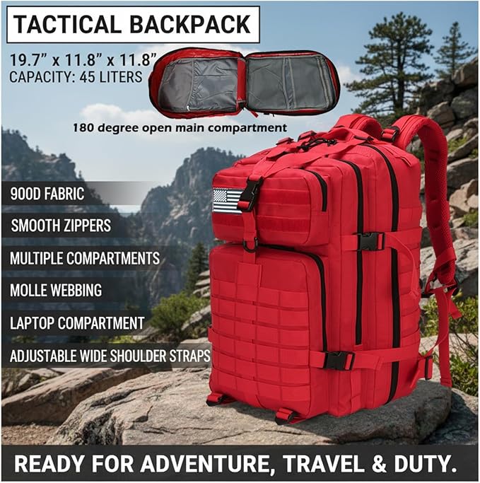 45L Military Tactical Backpack for Men & Women Bug Out Bag Assault pack Molle Daypack Hiking Trekking Rucksack(45L red)