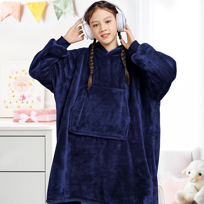 Waitu Wearable Blanket for Kids, Wearable Blanket Hoodie for Teens Girls Boys, Warm Blanket Sweatshirt Gift for Teenage, Hoodie Blanket with Sleeves - Navy
