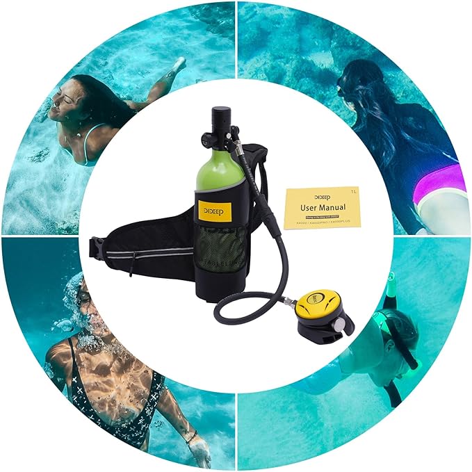 Mini Scuba Tank, 1L Capacity Refillable Oxygen Cylinder, Portable Scuba Tank with 15-20 Minutes Underwater Diving Gear for River and Sea Emergency Rescue, Fishing, Snorkeling