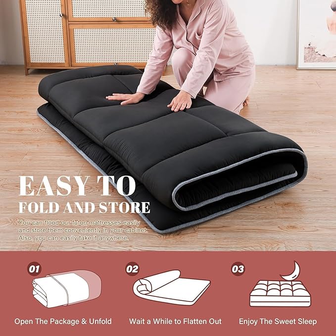 WhatsBedding Japanese Floor Mattress Futon Mattress 3" Black Tatami Mat Shredded Memory Foam Filled Sleeping Pad, Foldable & Portable Roll Up Lounger Camping Bed for Kids and Adult,Twin Size 39"x 80"