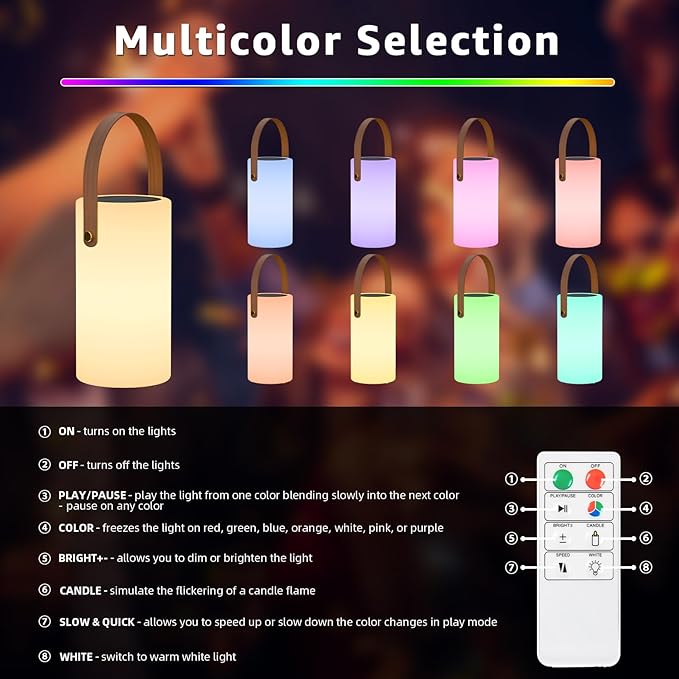 2-Pack Solar Table Lamp Outdoor Water-Resistant LED Portable Solar Lantern Warm RGB Rechargeable Cordless Lights for Patio Deck Camping