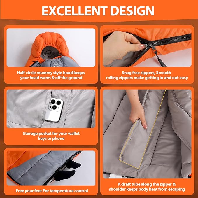 Lightweight 3-Season Sleeping Bag for Adults/Kids Camping, Compact w/Compression Sack, Waterproof Ripstop, Portable for Backpacking Hiking Travel