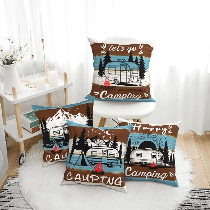 Camping Throw Pillow Covers 18 X 18 Inch Set of 4 Decorative Cushion Cover Home Decor for Sofa Chair Couch Bedroom Living Room