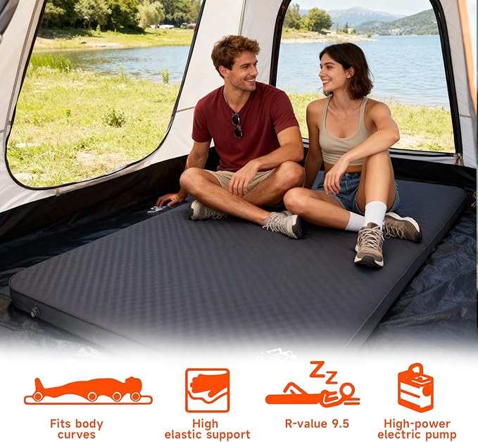 Self Inflating Sleeping Pad,Double Camping Mattress w/Detachable Electric Pump,4 - Inch Thick Memory Foam for Ultimate Comfort, Suitable for Family,Outdoor,Road Trip,4 - Season Use,Gray