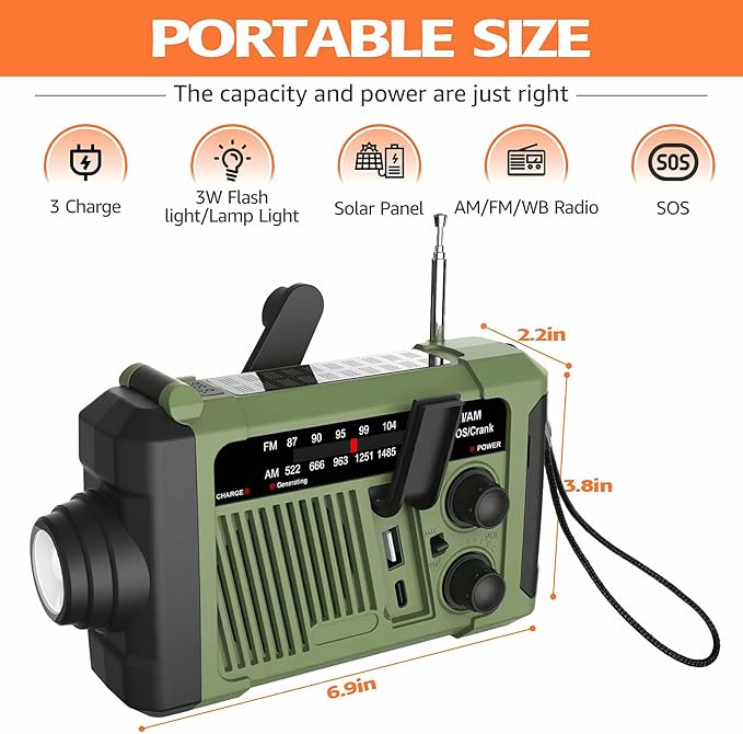Emergency Hand Crank Solar Radio - AM/FM/WB NOAA Weather Radio with 1800mWh Battery, 3W Flashlight & Reading Lamp, SOS Alarm, Portable for Phone Charging (Green)