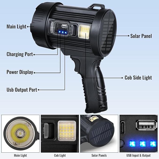 Sigoobal Rechargeable Spotlight,2000000 LM Super Bright Handheld Spot Light LED Flashlight High Lumens,Powered Spotlight Large Searchlight Outdoor with Solar Panels for Boating Camping Hunting