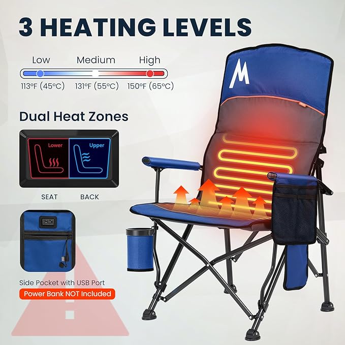 Overmont Heated Camping Chair with High Back - 3 Heat Levels 2-Zone Separately Heating - 450 LBS Support Heavy Duty Folding Chair Portable for Adults Patent No.: US D1.028.543S - Battery NOT Included