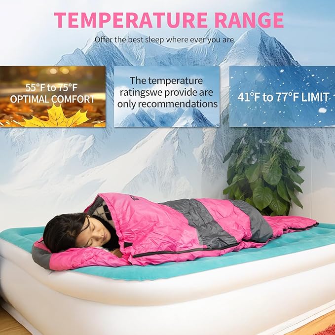 Sleeping Bags, Camping Sleeping Bag for Adults, 3 Season Warm & Cool Weather, Lightweight Waterproof Sleeping Bags for Indoor Outdoor Camping Traveling Backpacking, Pink/Blue/Black