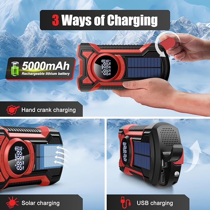 Emergency Radio Hand Crank Solar 5000mAh, IP65 Waterproof Dustproof Bluetooth 5.3 Portable AM/FM/NOAA Weather Alert Radio with Flashlight, Phone Charger, SOS, Headphone Jack- (Red)