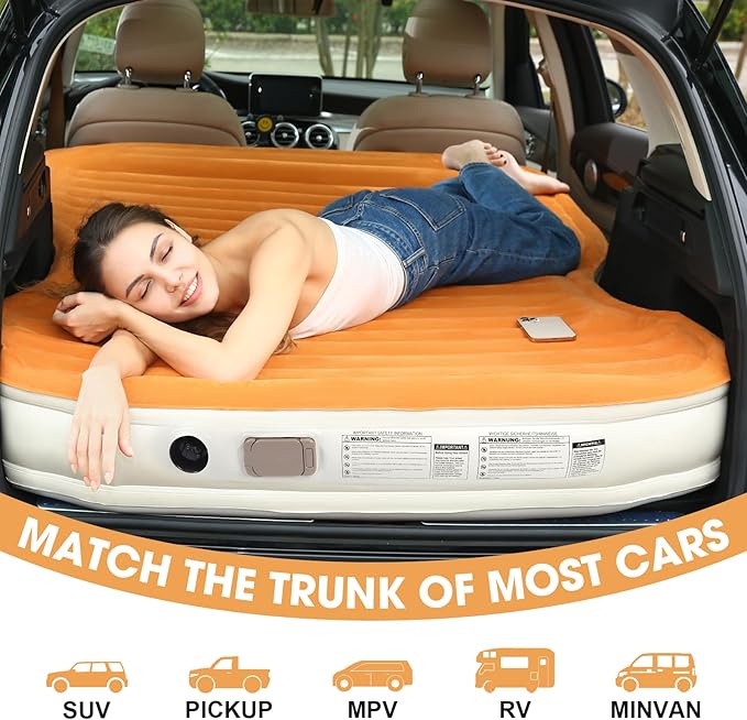 KMZ SUV Air Mattress with Built-in Pump & 2 Pillows, Thickened Flocked PVC, Quick 90-Seconds Inflation Air Bed, Portable & Durable Car Air Bed for Camping, Travel, Truck