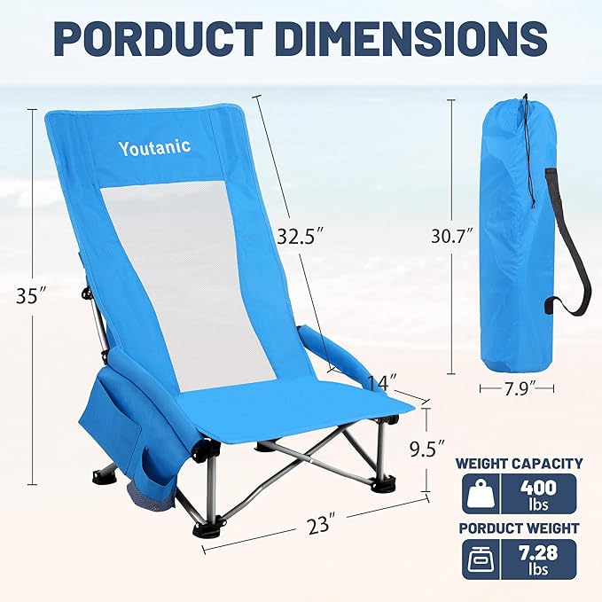 Youtanic High Back Beach Camping Chair 2 Pack, Extra Wide Folding Outdoor Chair with Cooler Bag, Breathable Mesh & Dual-Use Pillow, Portable Lounge Seat for Adults, Sand, Sports, Picnic, Blue