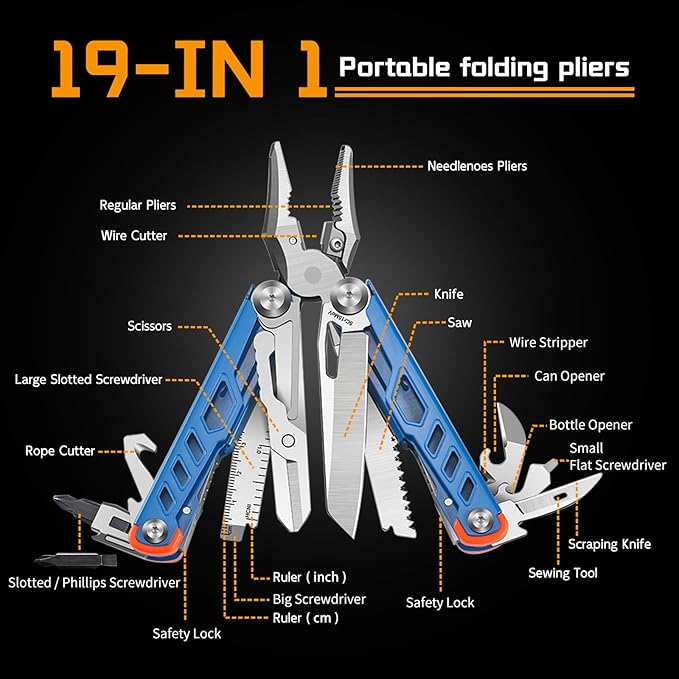 19 in 1 Multitool Pliers with Scissors, Stainless Steel Multi Tool with File,Saw, Screwdrivers,Wire Cutters, Bottle Opener for Survival, Camping, Hiking,Repair and Gift (Blue)