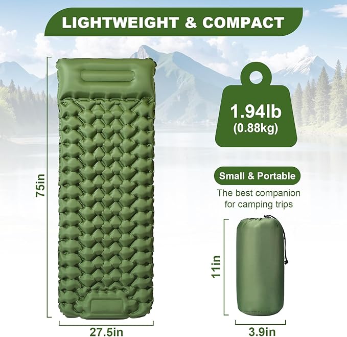 Sleeping Pad,4" Thick Ultralight Sleeping Pad for Camping with Pillow & Foot Pump,Compact Inflatable Camping Mattress for Hiking Tent Road Trip,One-Second Deflation