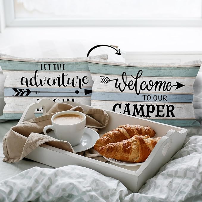 HIWX Let The Adventure Begin Welcome to Our Camper Decorative Pillowcase Throw Pillow Cover, Rustic Camper Camping Theme for Rv Sofa Bed Room Home Decor 12 x 20 Inch Reversible Pillow Case