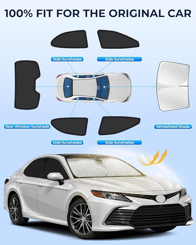 for Toyota Camry 2018-2024 Car Window Shades, 8pcs Privacy Sun Shade Set for Front Windshield Side and Rear Windows, Full Window Covers Keeps Vehicle Cool for Camping Napping