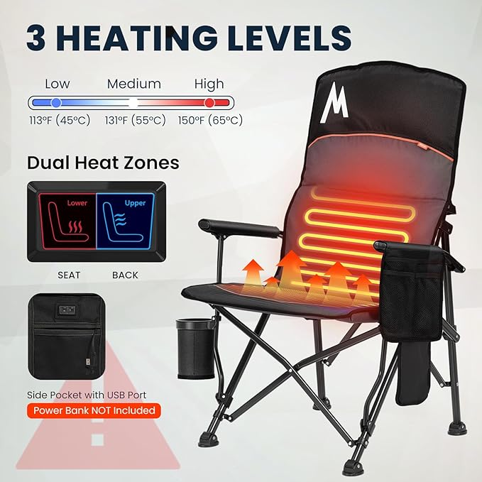 Overmont Heated Camping Chair with High Back - 3 Heat Levels 2-Zone Separately Heating - 450 LBS Support Heavy Duty Folding Chair Portable for Adults Patent No.: US D1.028.543S - Battery NOT Included