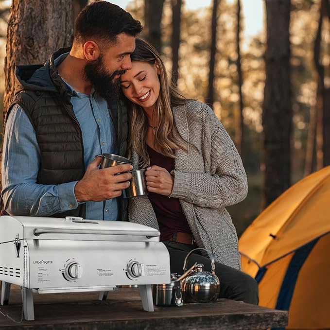 Lifemaster Portable Stainless Steel Gas Grill - 2 Burners Easy Clean Tabletop BBQ Propane Gas Grill with Foldable Legs and Wind Proof Lid for Camping and Outdoor - Silver