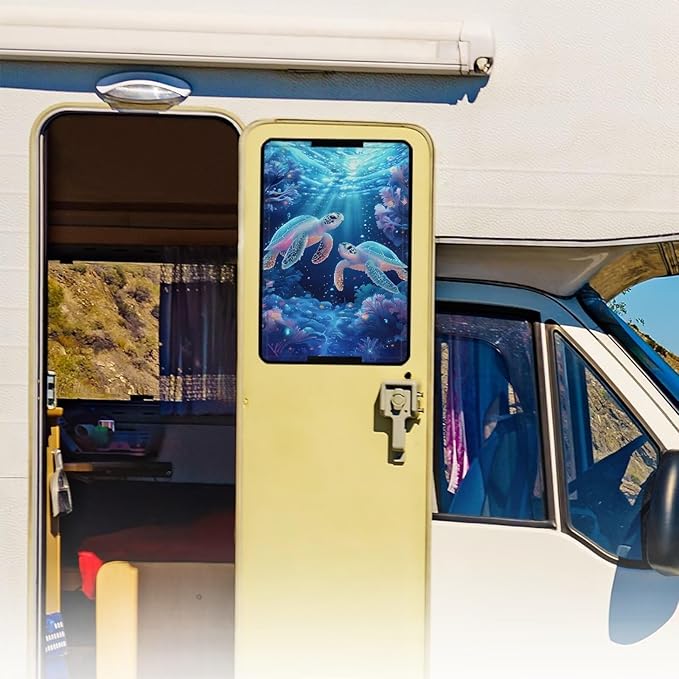 Sea Turtle RV Door Window Shade Cover, RV Door Window UV Protective Cover, Foldable Travel Trailer Motorhome Rv Screen Door Protector