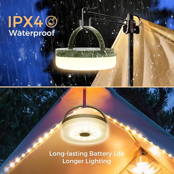 Camping String Lights, Quick Storage 32.8FT Rechargeable Tent Lights String with 8 Modes, Hanging Waterproof Portable LED Lamp for Camping Outdoor Patio Awning Garden Party Essentials