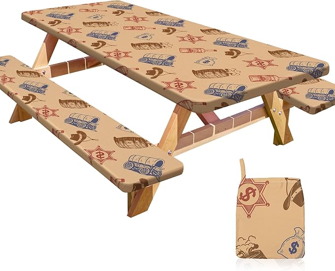Picnic Table Cover with Bench Covers Portable Table Cloth Built-in Storage Pocket Fitted Tablecloth with Elastic Edges Waterproof Camping Essentials for Indoor Outdoor Rv,72in,Colored Denim