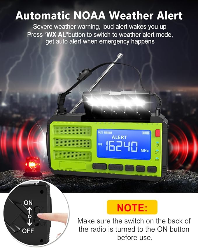 10000mAh/37000mWh Hand Crank Emergency Radio, AM FM NOAA Weather Alert Radio, Portable, Solar, 4 Charging Methods, 3-Mode Flashlight, Reading Lamp, SOS Alarm, Phone Charger for Winter Storm Emergency