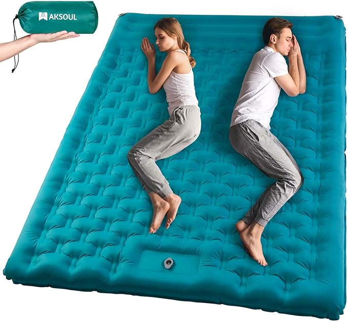 AKSOUL Sleeping Pad Camping Inflatable: Extra Thickness Double Persons Self Inflating Mat with Built-in Foot Pump, Lightweight Ultra-Wide Air Mattress with Pillow for Camping, Backpacking