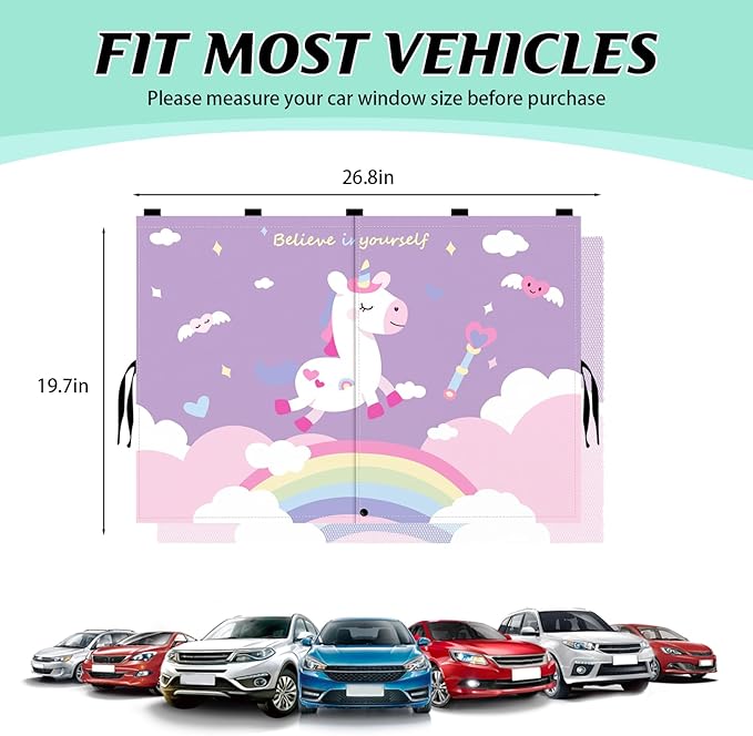 Car Window Shade for Baby, 2 Pack Magnetic Double Layer Cute Unicorn Car Shades for Side Windows, Adjustable Privacy Blackout/See-Through Window Curtains for Baby Kids UV Protection