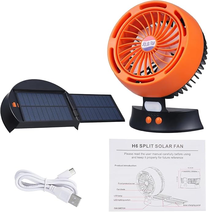 Portable Solar Fan - 10000mAh Big Battery, Compact & Lightweight, Solar-Powered, 4 Speeds & LED Light for Camping, Hiking & Emergencies!