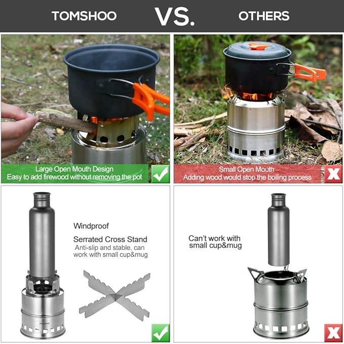 TOMSHOO Portable Folding Windproof Wood Burning Stove Compact Stainless Steel Alcohol Stove Outdoor Camping Hiking Backpacking Picnic BBQ