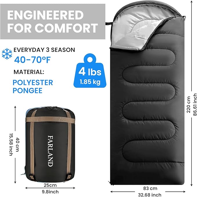FARLAND Sleeping Bags for Adults Teens Kids with Compression Sack Portable and Lightweight for 3-4 Season Camping, Hiking,Waterproof, Backpacking and Outdoors