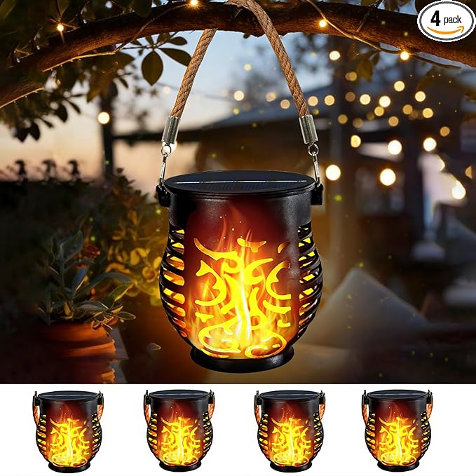 4 Pack Solar Lanterns Outdoor Waterproof, Solar Lantern with Realistic Flickering Flame, Auto On/Off Solar Powered Garden Light with Hemp Rope Handle for Outside Tree Patio Porch Camp Tabletop Decor