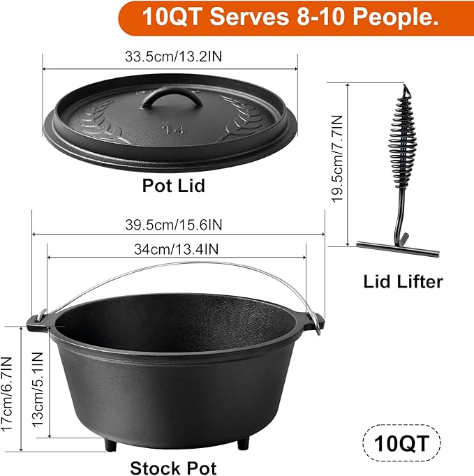 10 QT Pre-Seasoned Cast Iron Camp Dutch Oven with Lid, Large Camping Dutch Oven Pot with Tripod Stand, incl. Lid Lifter - Dual Handles - for Outdoor Campfire, Grill, Oven&Stovetop Cooking - Black