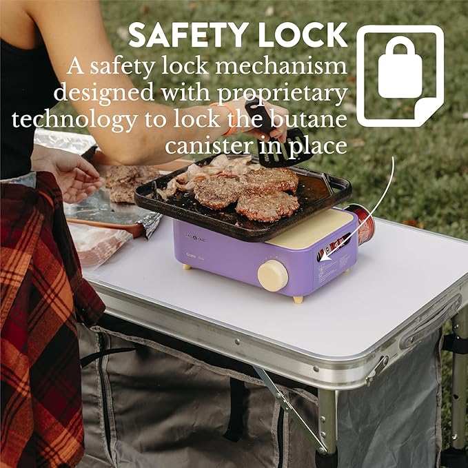 Gas One Butane Fuel Camp Stove – Crate Series - Mini Stove for Camping, Hiking – Portable Gas Stove with Spiral Flame – Even Heat Distribution – Modern and Easy to Use (Violet)