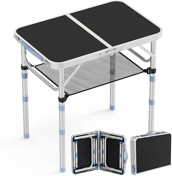 Small Folding Table Portable, 2FT Camping Pinic Table with 3 Adjustable Height, Aluminum Foldable Lightweight Patio Side Table with Carry Handle for Outdoor Hiking Camp BBQ Beach (Black)