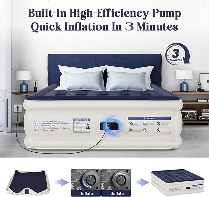 KNZZO Air Mattress Queen with Built-in Pump, Blow Up Mattress with Soft Flocked Top, Leakproof Inflatable Mattress, Foldable Waterproof Air Bed for Home, Guests, Camping, with Storage Bag