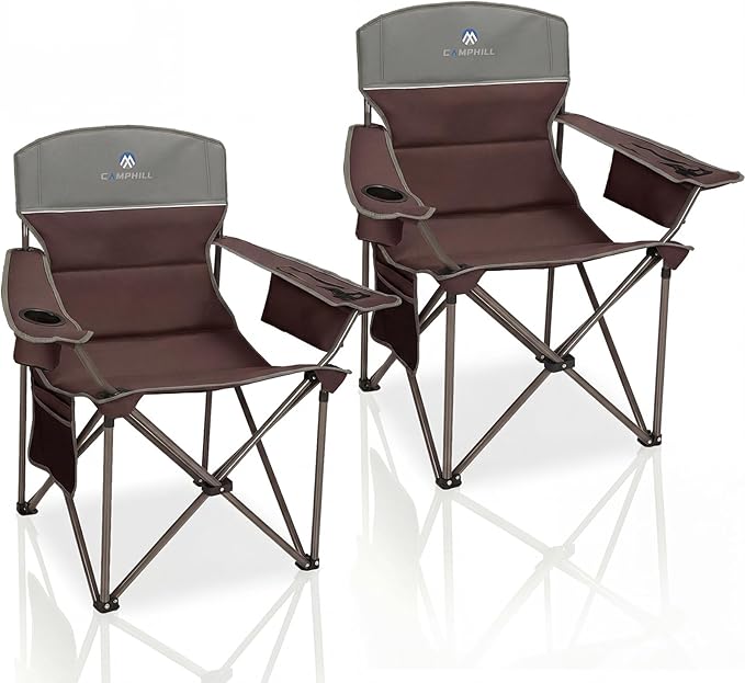 Oversized Camping Chairs 2 Pack - Heavy Duty 400LBS Padded Lawn Chair with Cooler Bag,Cup Holder,Side Pocket,Collapsible for Outdoor,Camp,Fishing & Garden,Maroon