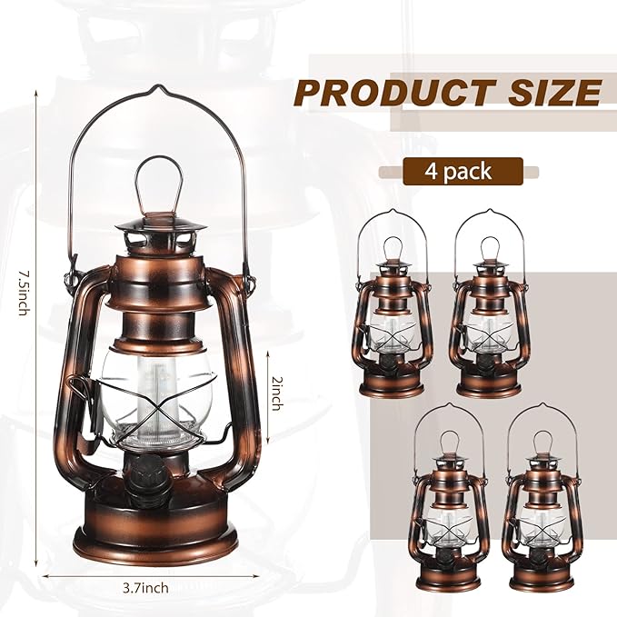 Hortsun 4 Pcs 8 Inch Vintage LED Hurricane Lantern Warm LEDs and Dimmer Switch Battery Operated Farmers Hanging Lantern for Indoor Outdoor Camping Usage Decor